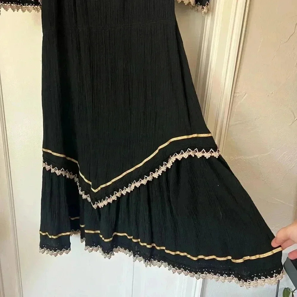 Vintage Greek Embroidered Boho Dress - Black & Gold Cotton Midi size M - Picture 5 of 10